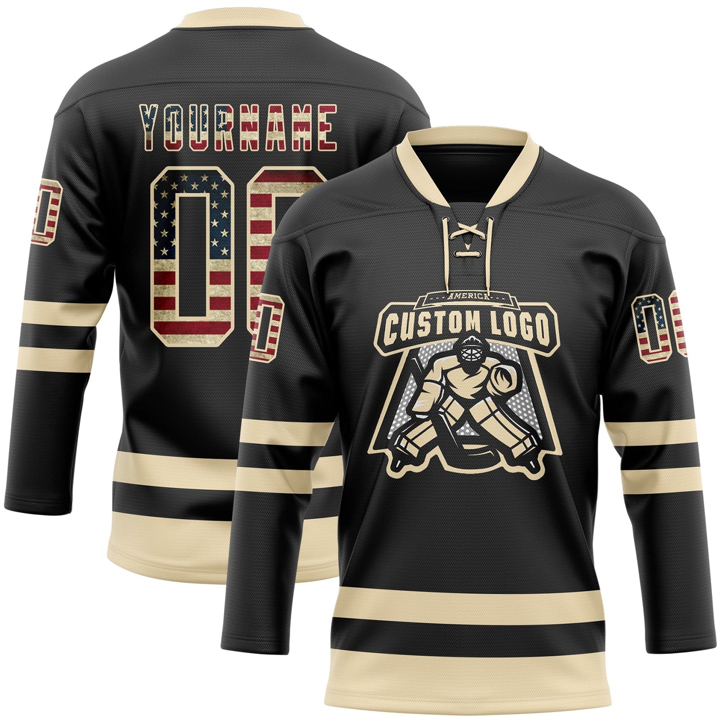 Custom Black Vintage USA Flag-Cream Hockey Lace Neck Jersey view 2