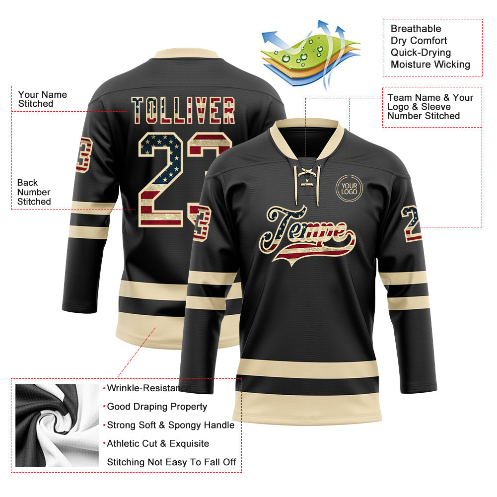 Custom Black Vintage USA Flag-Cream Hockey Lace Neck Jersey view 3