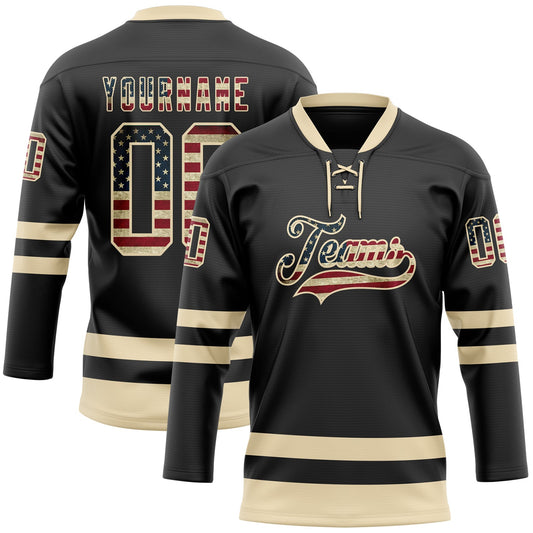 Custom Black Vintage USA Flag-Cream Hockey Lace Neck Jersey - Main View