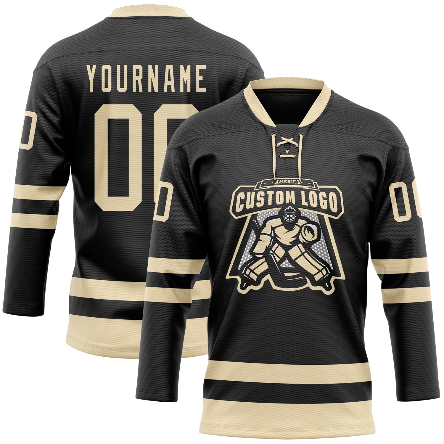 Custom Black Cream Hockey Lace Neck Jersey view 2