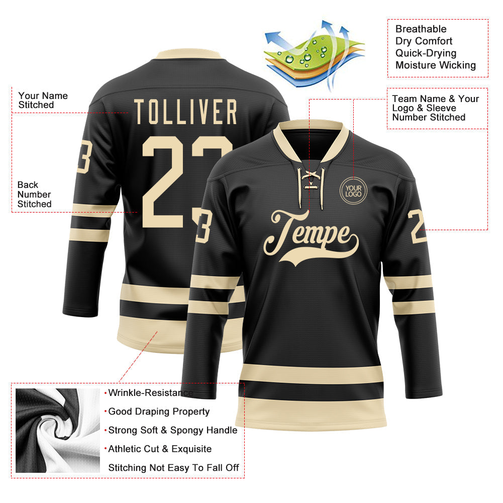 Custom Black Cream Hockey Lace Neck Jersey view 3