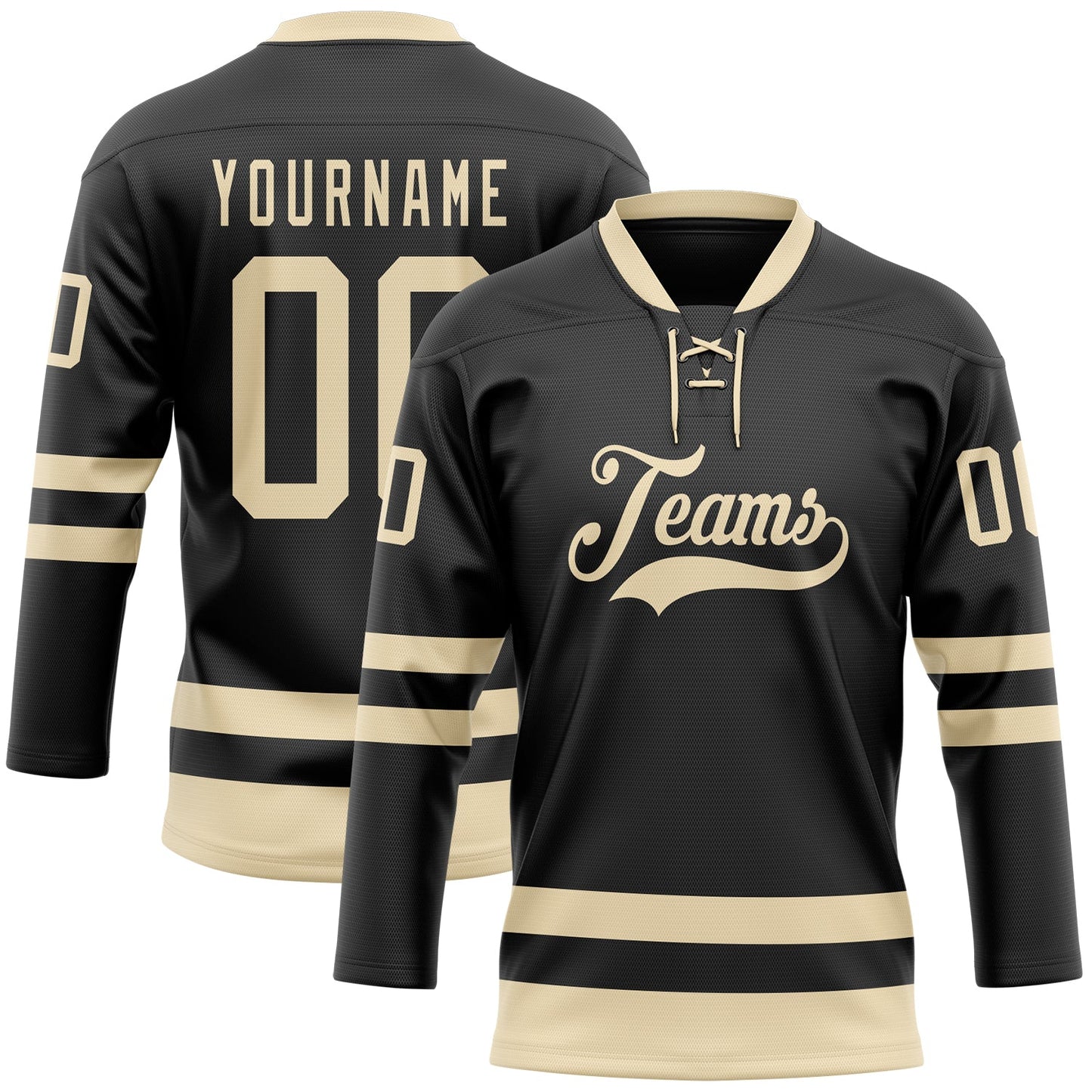 Custom Black Cream Hockey Lace Neck Jersey - Main View