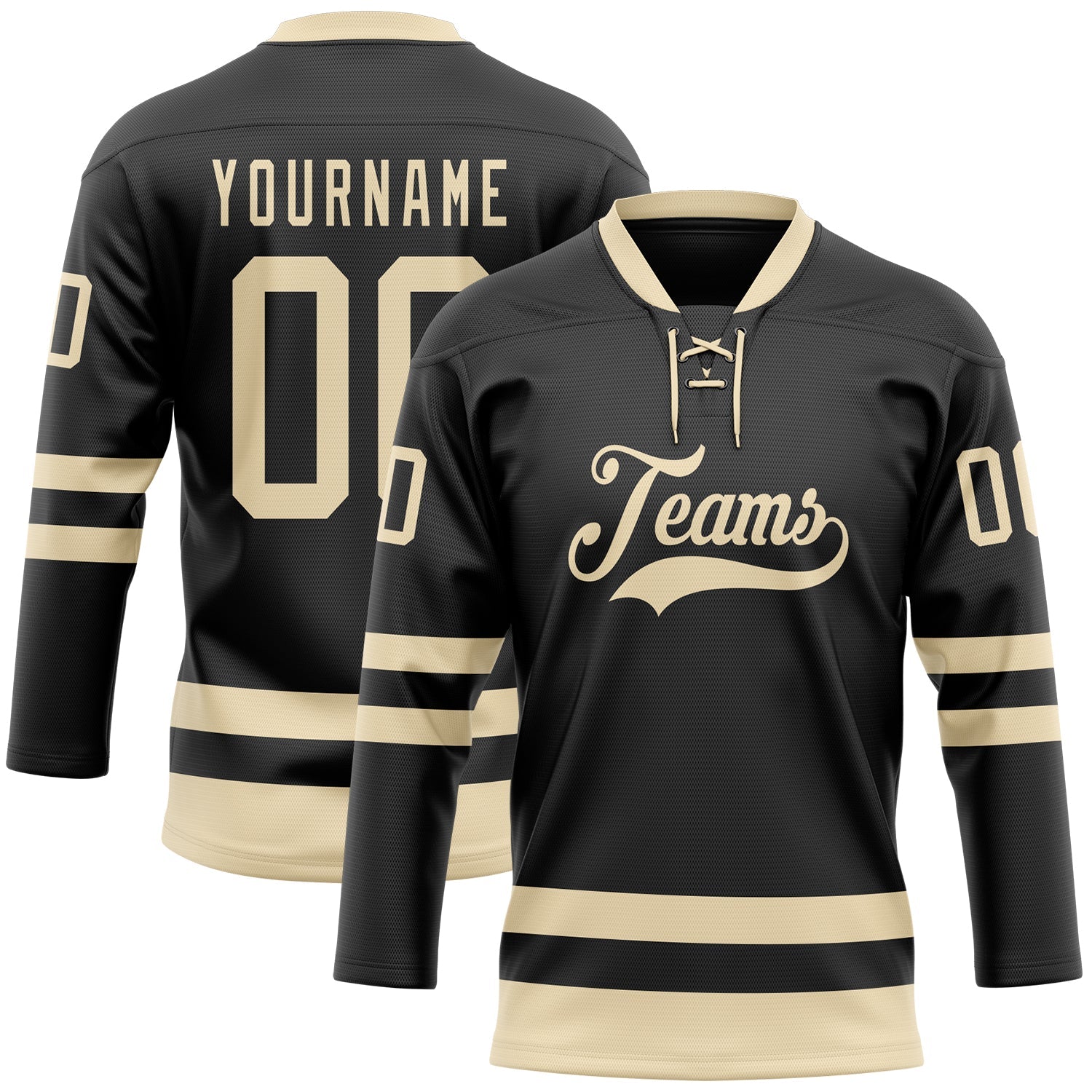 Custom Black Cream Hockey Lace Neck Jersey - Main View