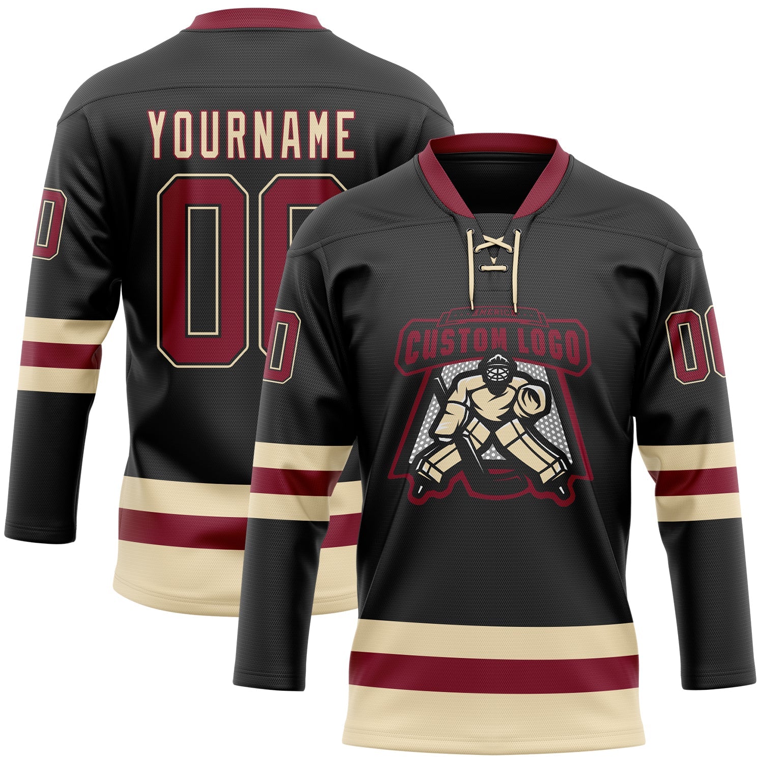 Custom Black Crimson-Cream Hockey Lace Neck Jersey view 2