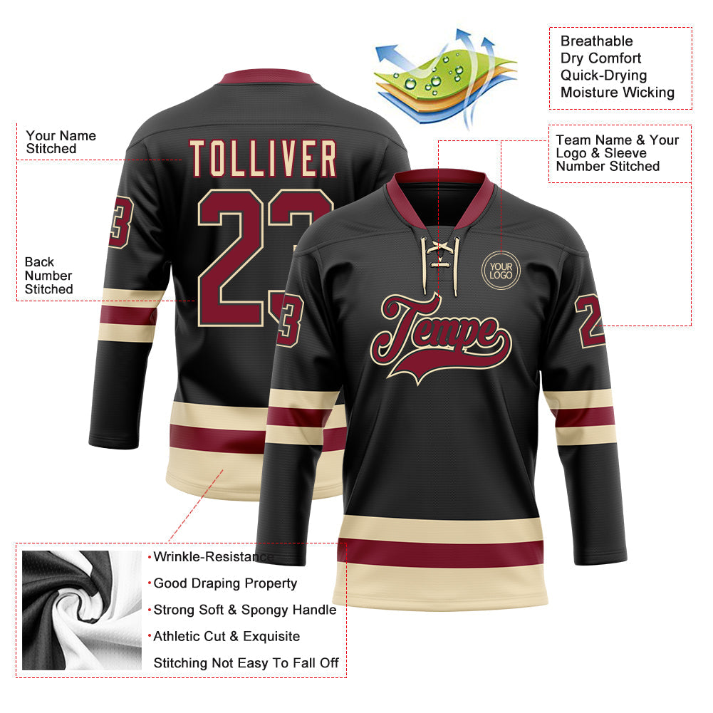 Custom Black Crimson-Cream Hockey Lace Neck Jersey view 3