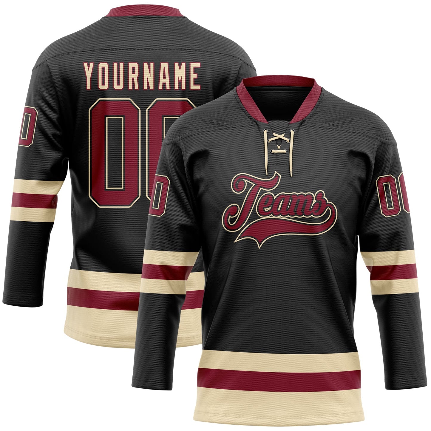 Custom Black Crimson-Cream Hockey Lace Neck Jersey - Main View