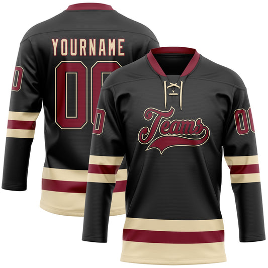 Custom Black Crimson-Cream Hockey Lace Neck Jersey - Main View