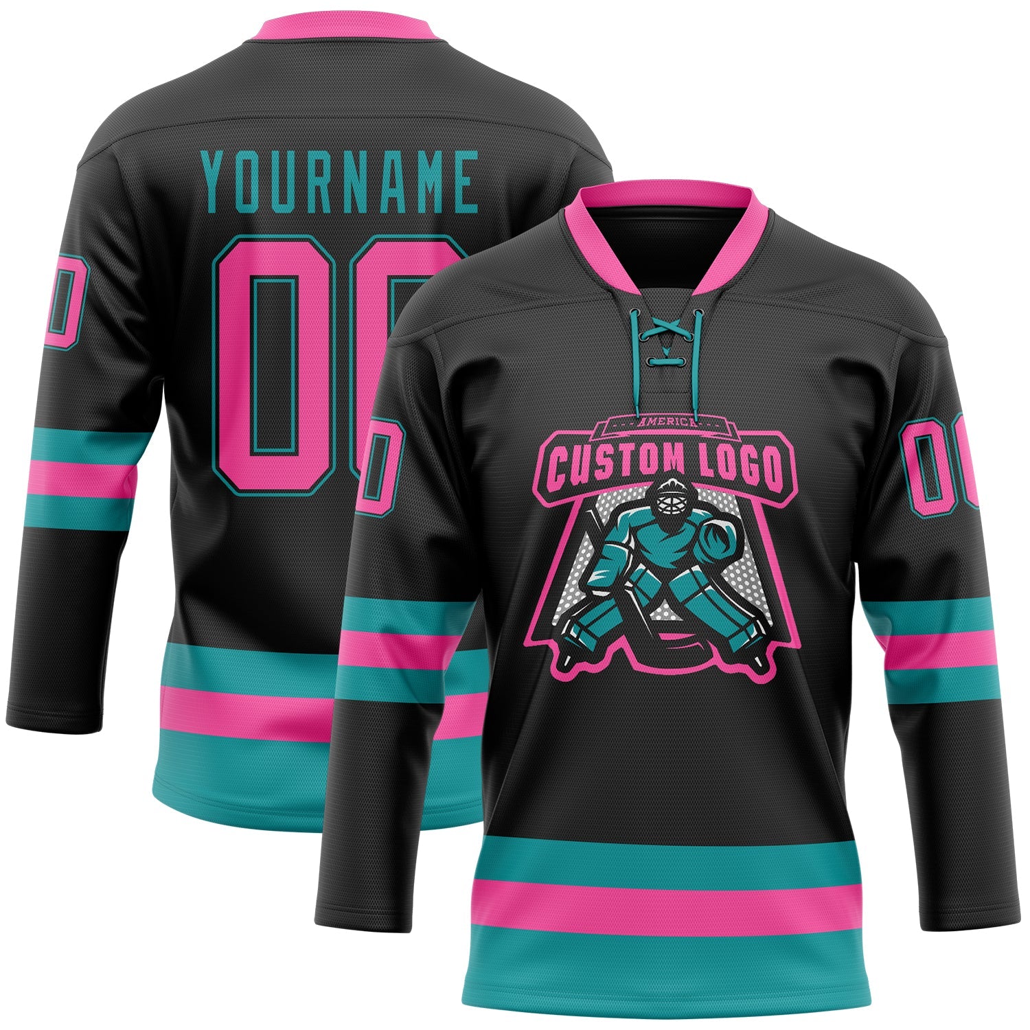 Custom Black Pink-Teal Hockey Lace Neck Jersey view 2