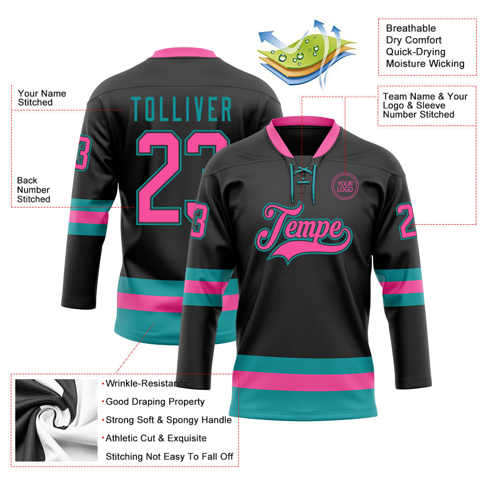 Custom Black Pink-Teal Hockey Lace Neck Jersey view 3