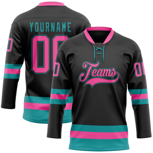 Custom Black Pink-Teal Hockey Lace Neck Jersey - Main View