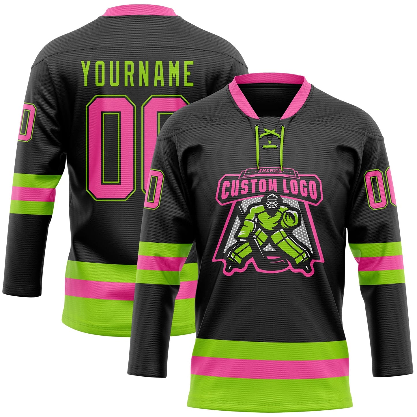 Custom Black Pink-Neon Green Hockey Lace Neck Jersey view 2
