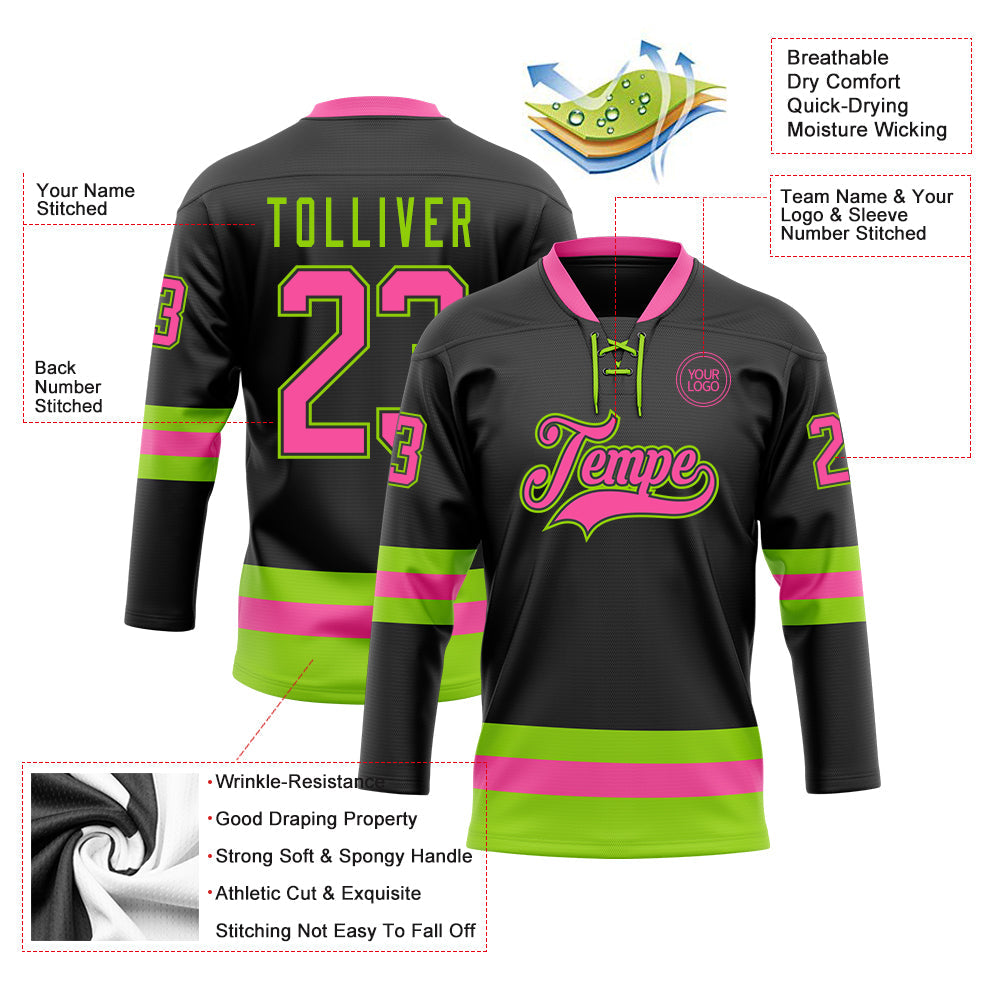 Custom Black Pink-Neon Green Hockey Lace Neck Jersey view 3