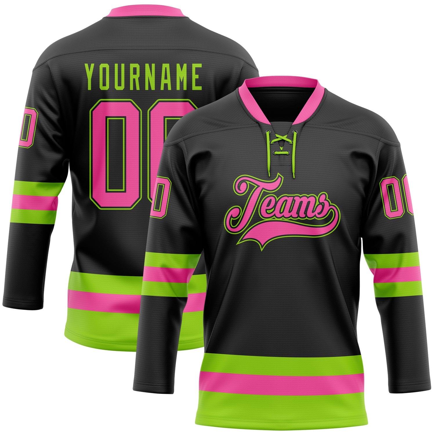 Custom Black Pink-Neon Green Hockey Lace Neck Jersey - Main View