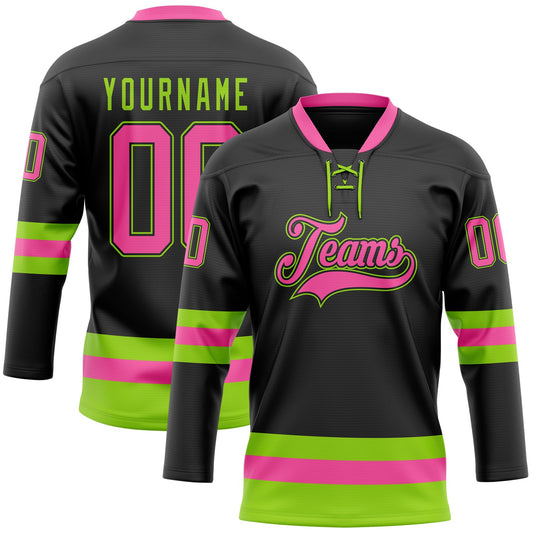 Custom Black Pink-Neon Green Hockey Lace Neck Jersey - Main View