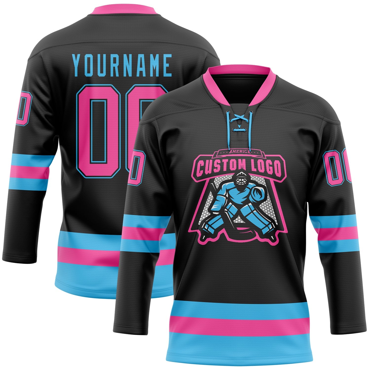 Custom Black Pink-Sky Blue Hockey Lace Neck Jersey view 2