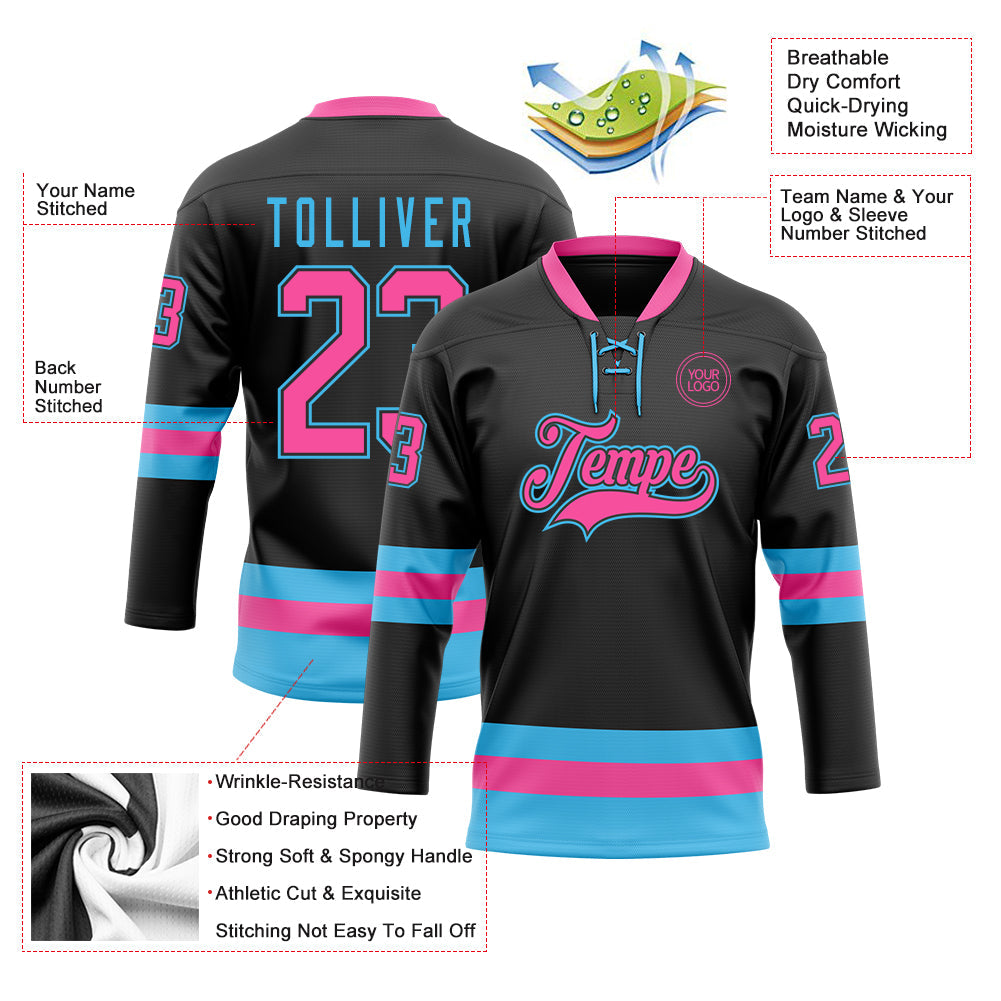 Custom Black Pink-Sky Blue Hockey Lace Neck Jersey view 3