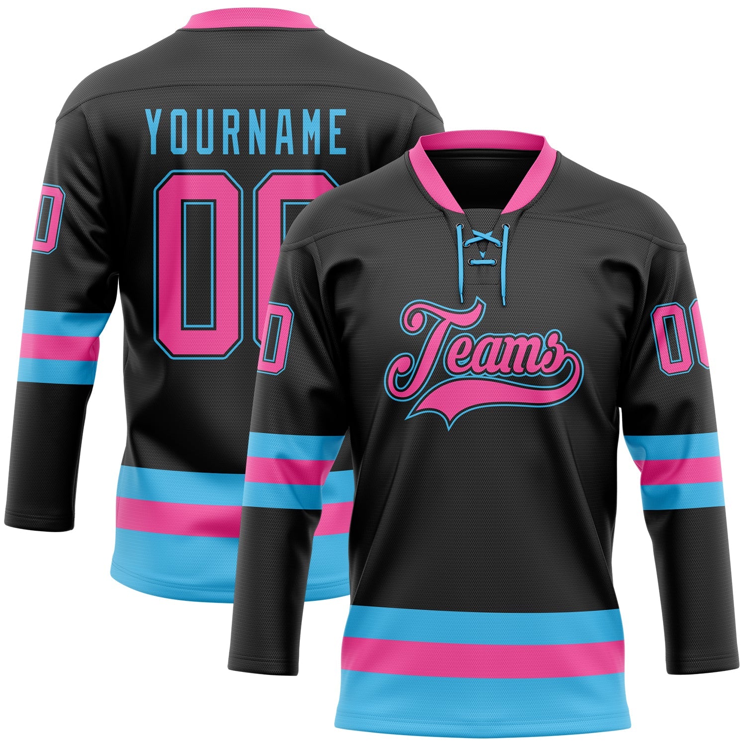 Custom Black Pink-Sky Blue Hockey Lace Neck Jersey - Main View