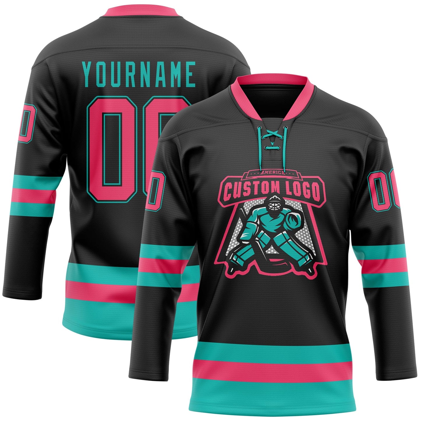 Custom Black Neon Pink-Aqua Hockey Lace Neck Jersey view 2