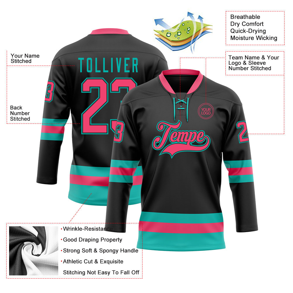 Custom Black Neon Pink-Aqua Hockey Lace Neck Jersey view 3