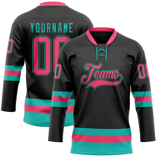Custom Black Neon Pink-Aqua Hockey Lace Neck Jersey - Main View