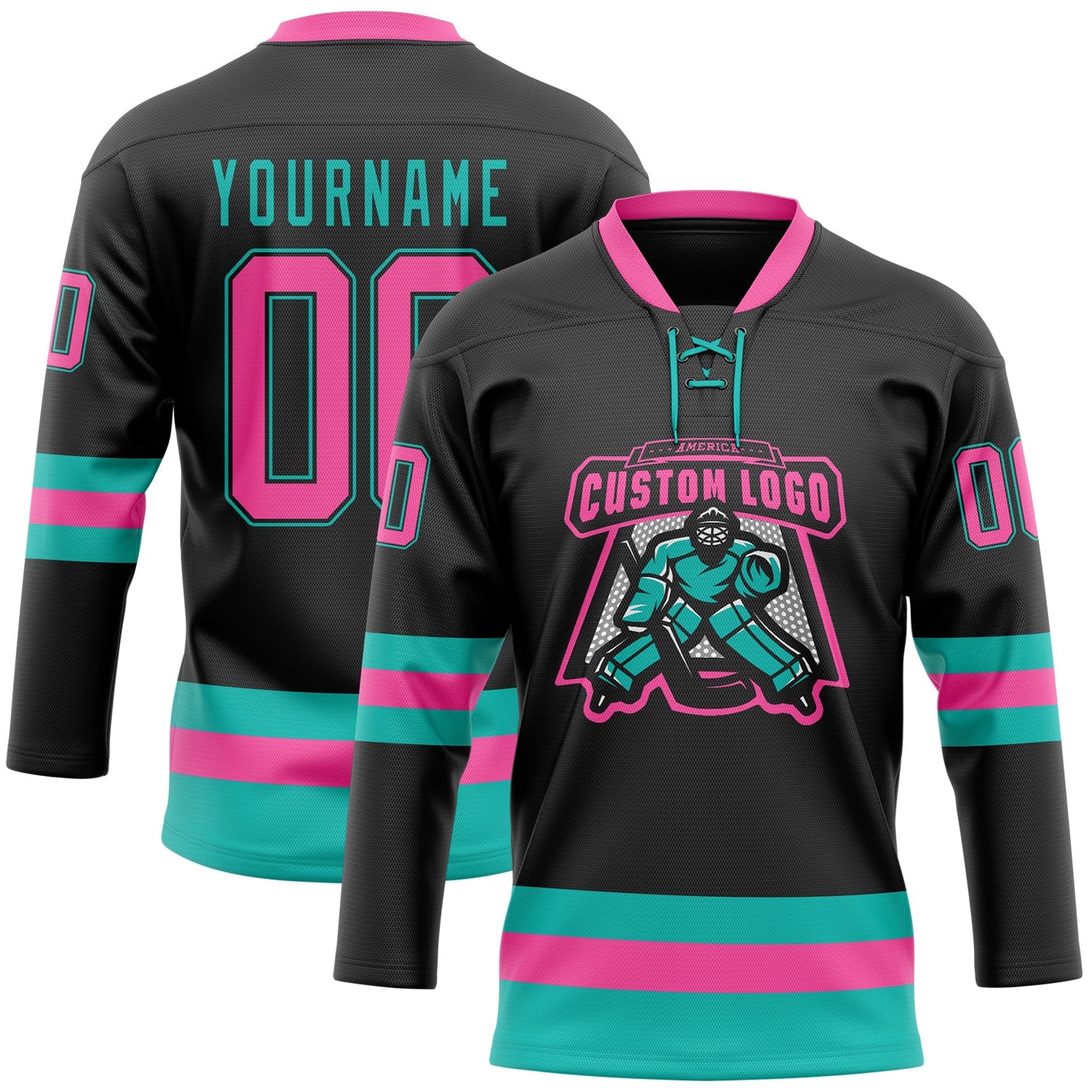 Custom Black Pink-Aqua Hockey Lace Neck Jersey view 2