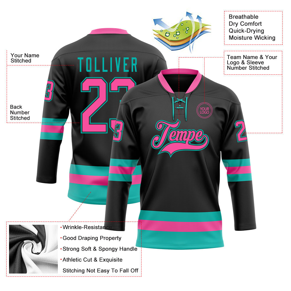 Custom Black Pink-Aqua Hockey Lace Neck Jersey view 3