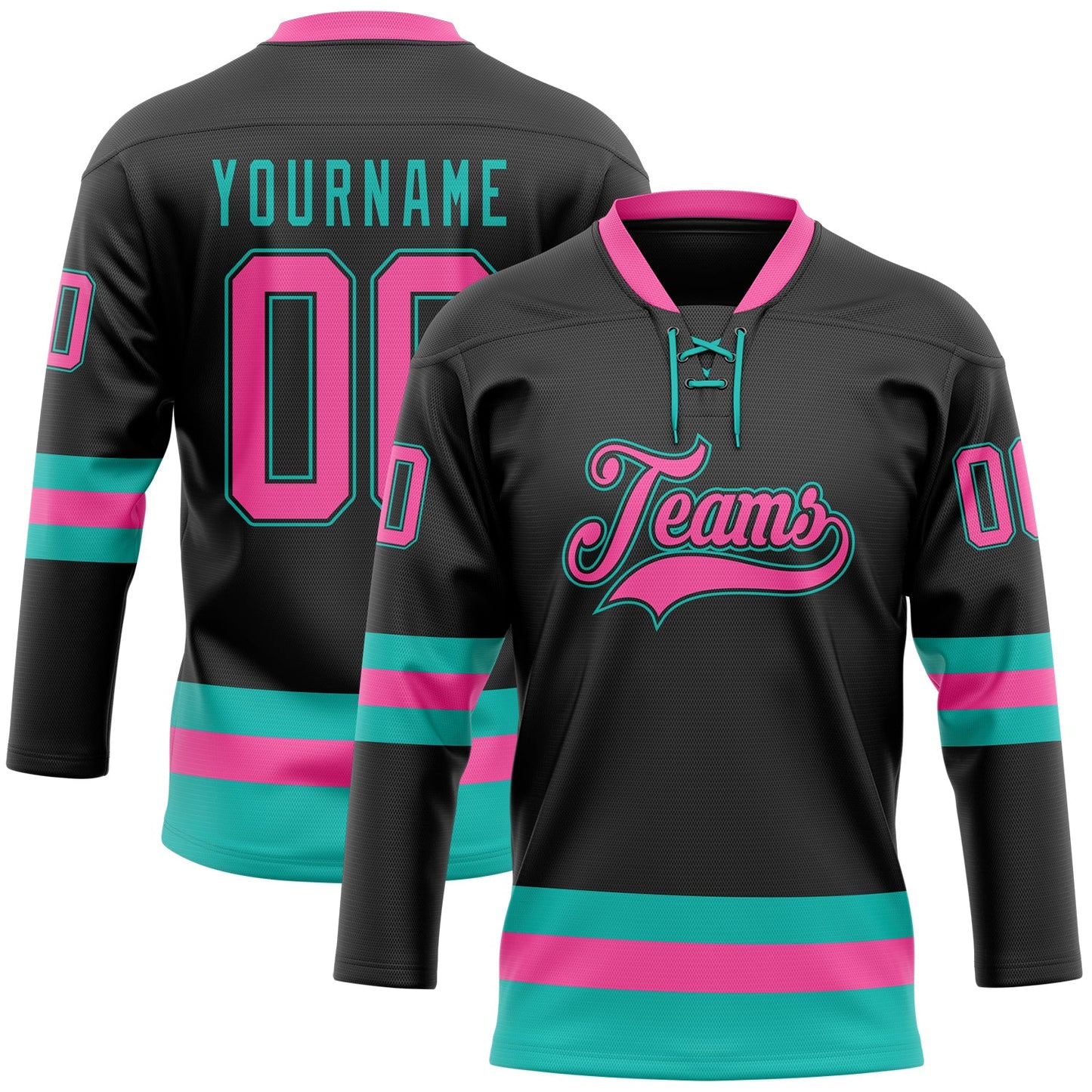 Custom Black Pink-Aqua Hockey Lace Neck Jersey - Main View
