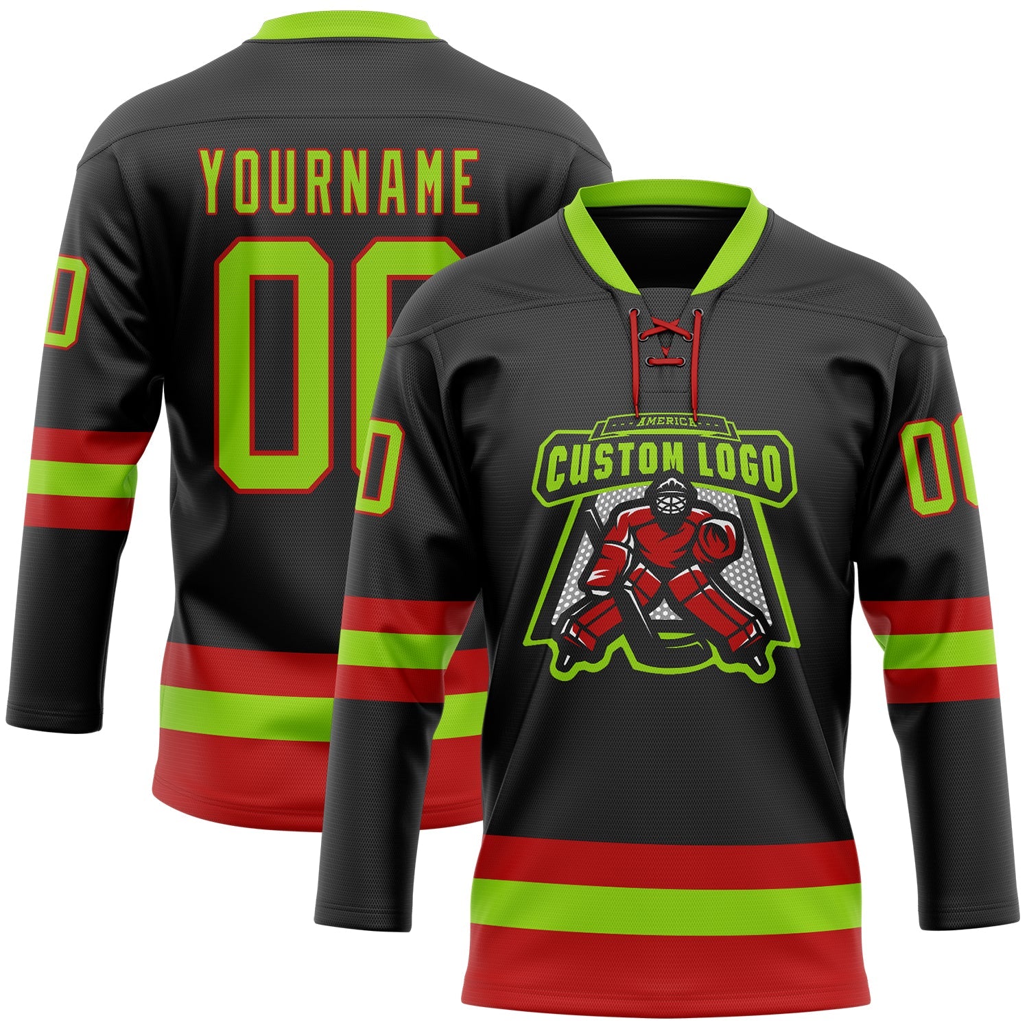 Custom Black Neon Green-Red Hockey Lace Neck Jersey view 2