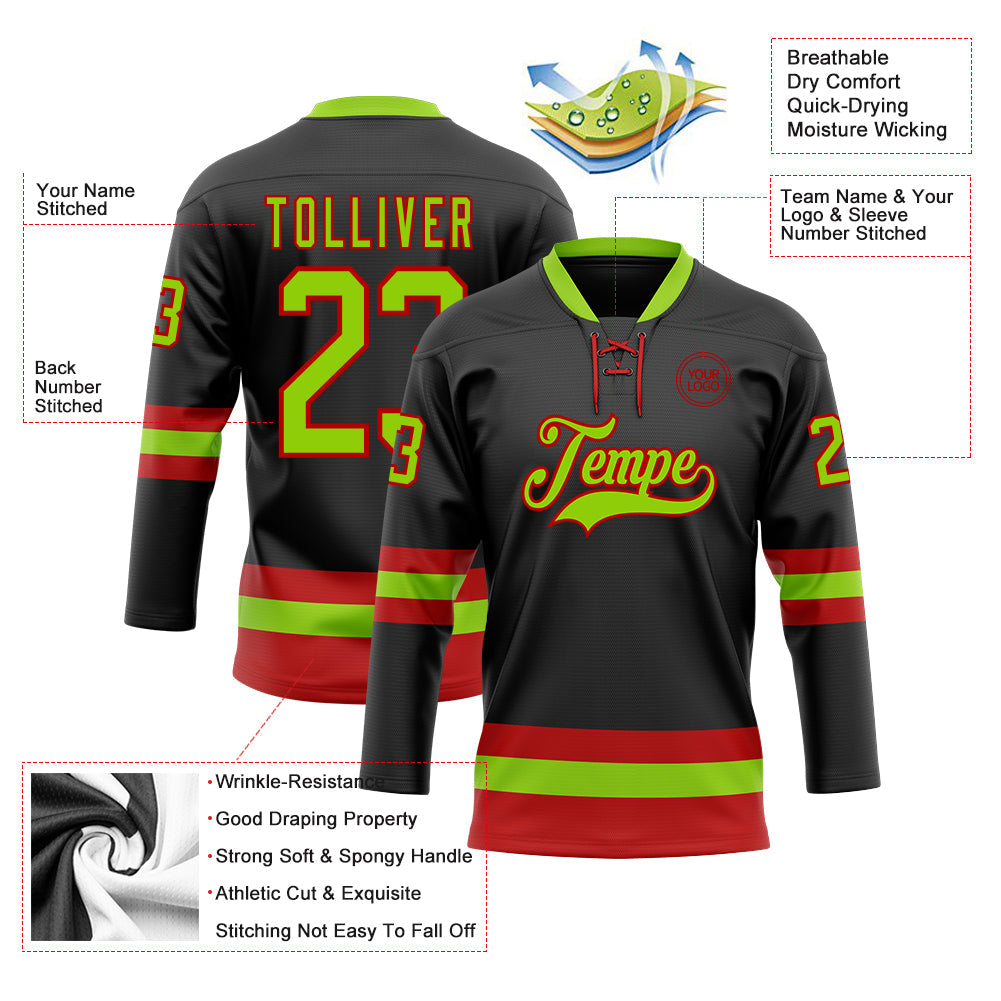 Custom Black Neon Green-Red Hockey Lace Neck Jersey view 3