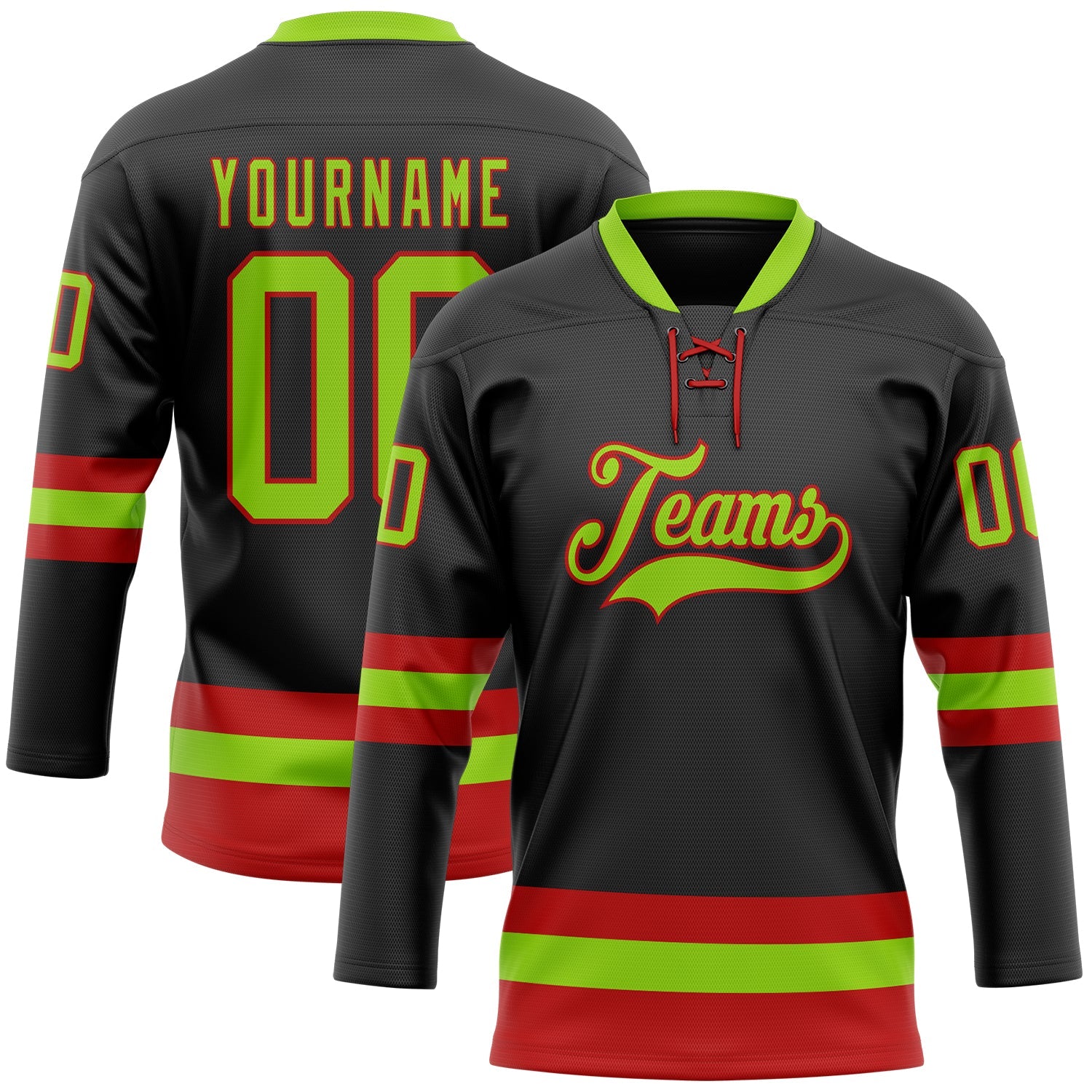 Custom Black Neon Green-Red Hockey Lace Neck Jersey - Main View