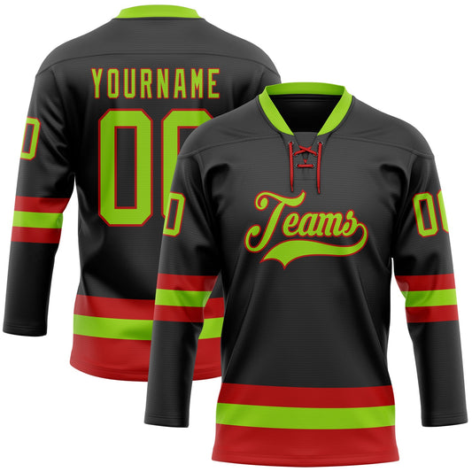 Custom Black Neon Green-Red Hockey Lace Neck Jersey - Main View