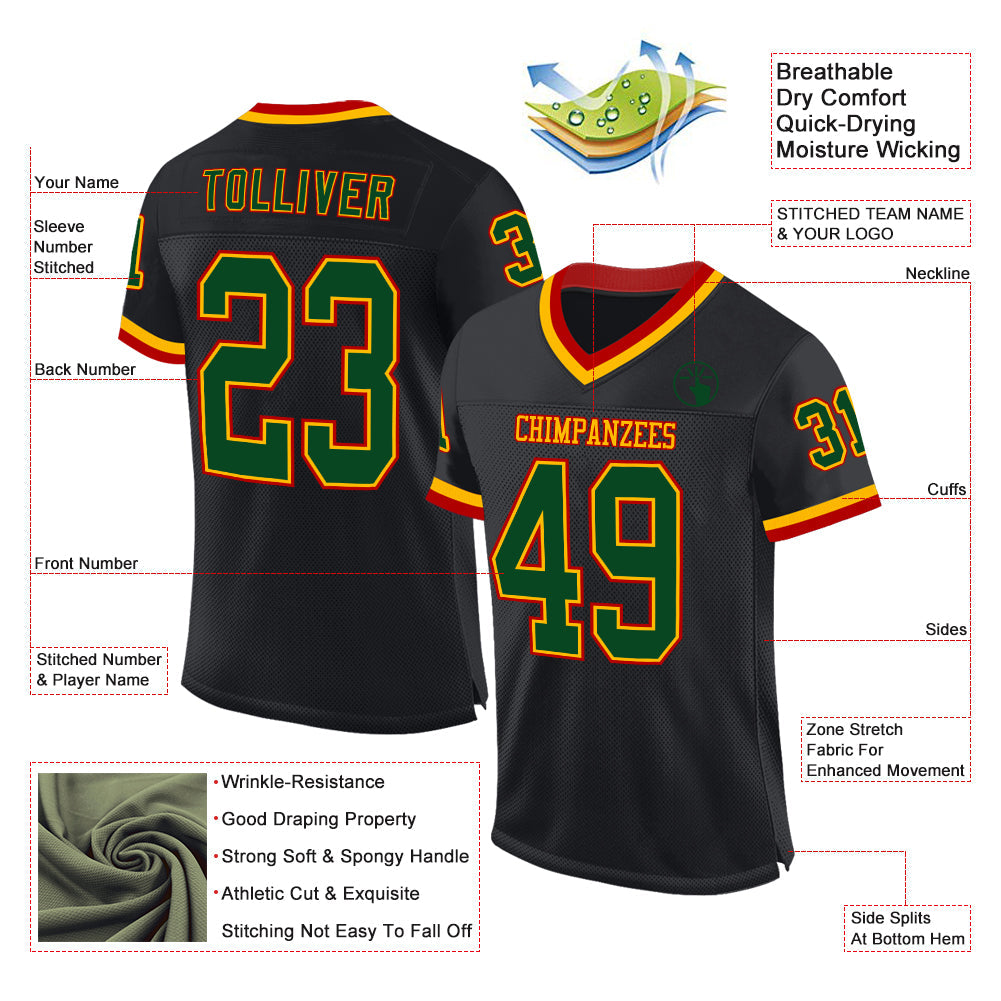 Custom Black Green Gold-Red Mesh Authentic Throwback Football Jersey view 2