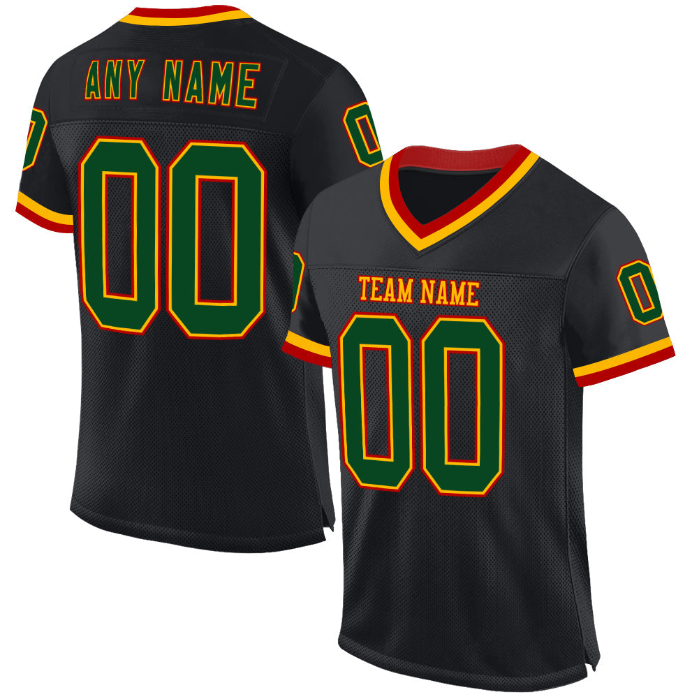 Custom Black Green Gold-Red Mesh Authentic Throwback Football Jersey - Main View