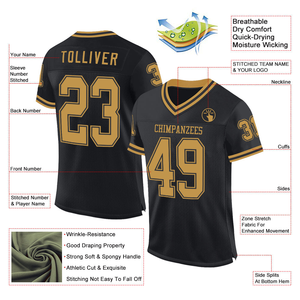 Custom Black Old Gold Mesh Authentic Throwback Football Jersey view 2