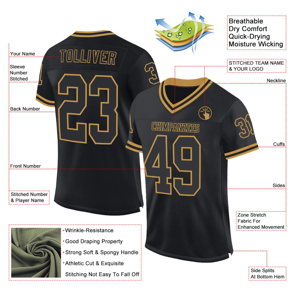 Custom Black Old Gold Mesh Authentic Throwback Football Jersey view 2
