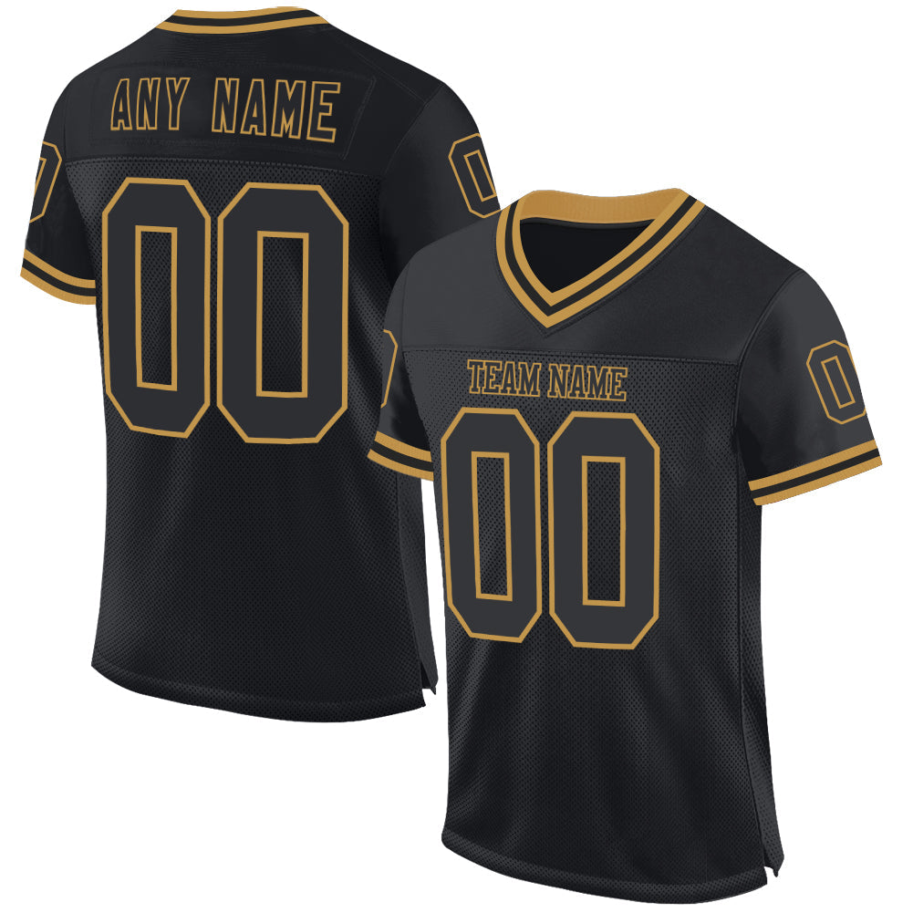 Custom Black Old Gold Mesh Authentic Throwback Football Jersey - Main View