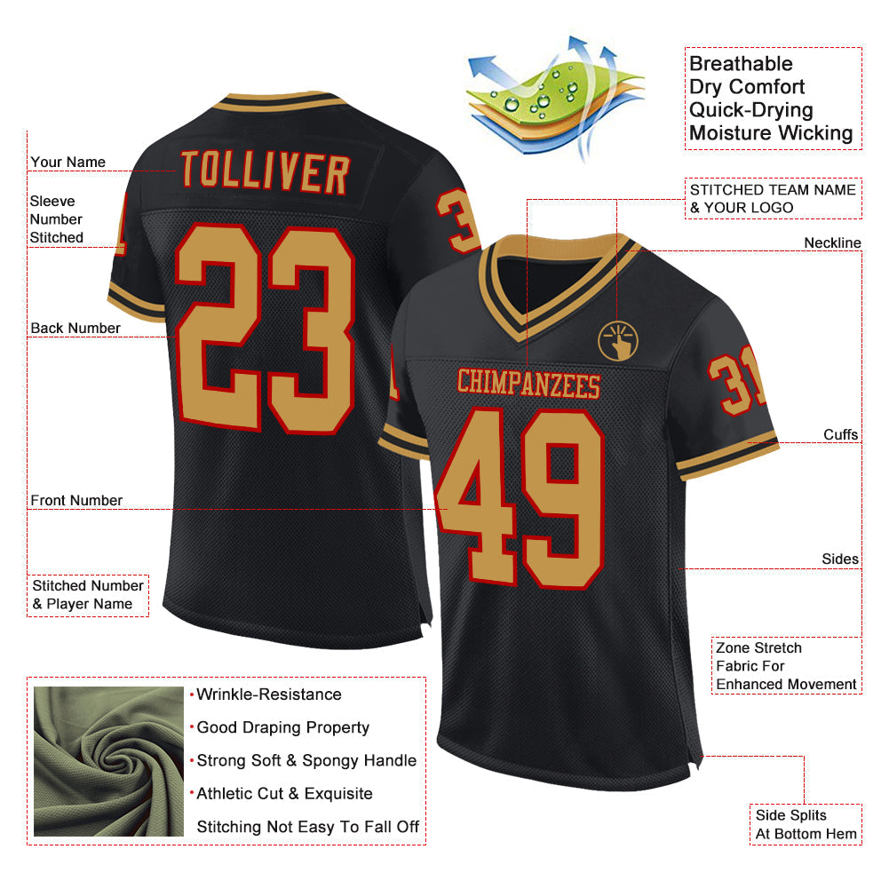 Custom Black Old Gold-Red Mesh Authentic Throwback Football Jersey view 2