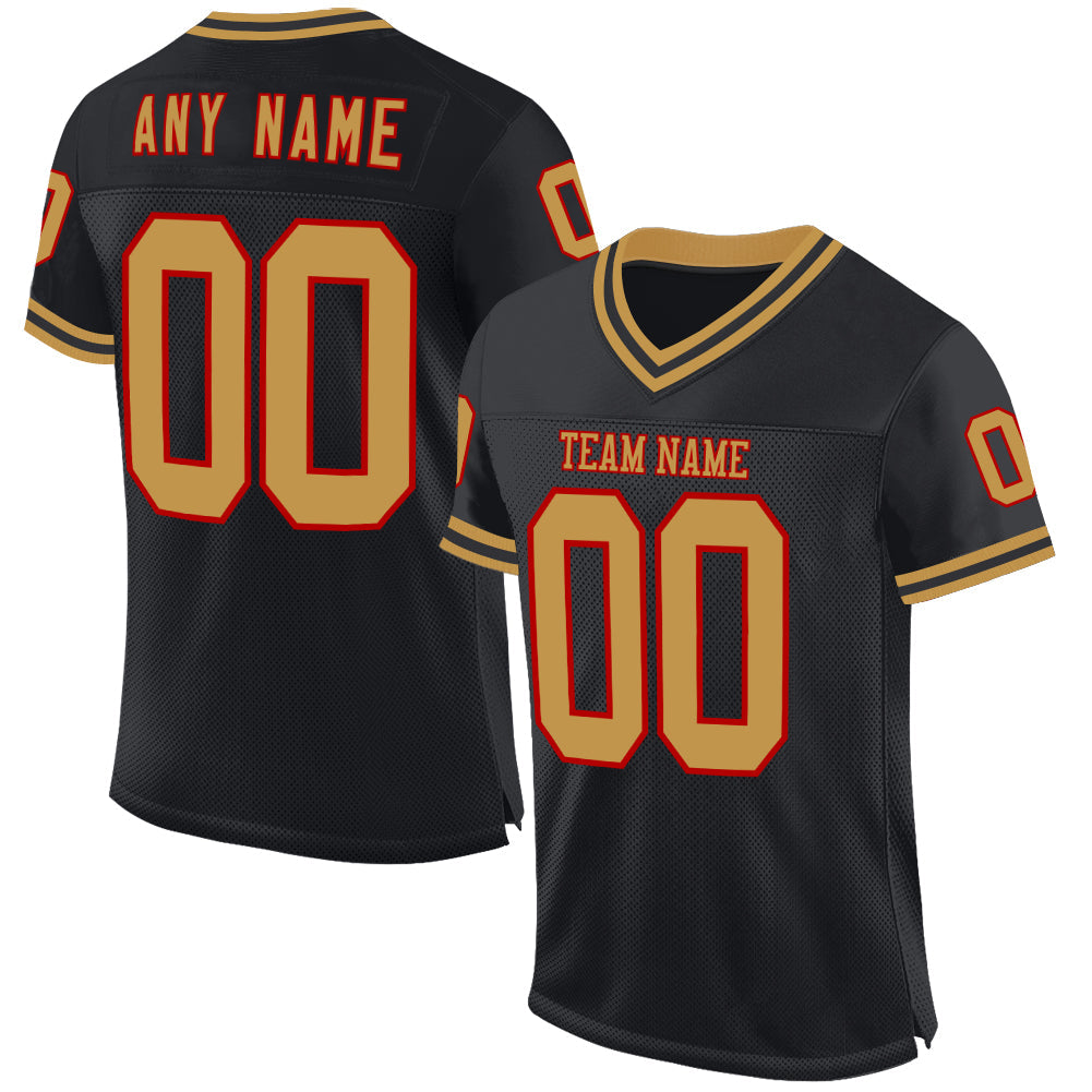 Custom Black Old Gold-Red Mesh Authentic Throwback Football Jersey - Main View