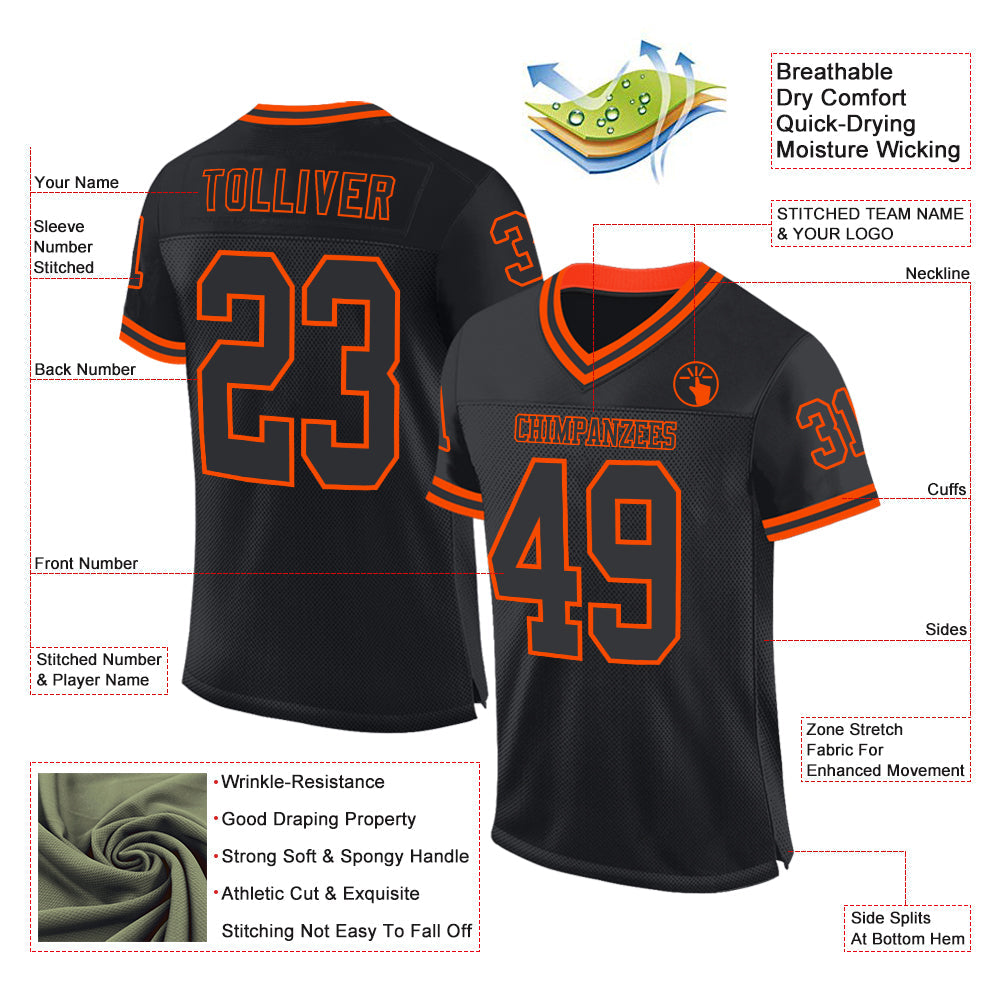 Custom Black Orange Mesh Authentic Throwback Football Jersey view 2