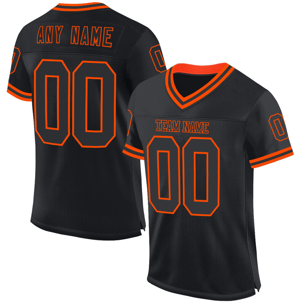 Custom Black Orange Mesh Authentic Throwback Football Jersey - Main View