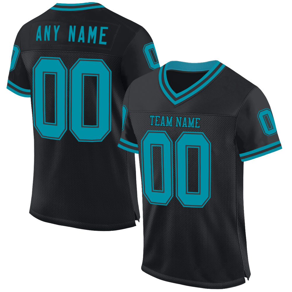 Custom Black Teal Mesh Authentic Throwback Football Jersey - Main View