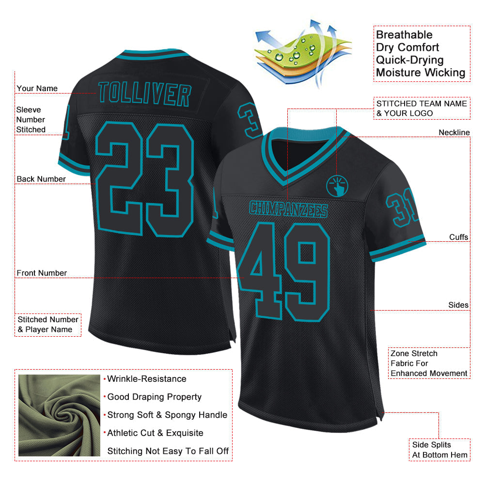 Custom Black Teal Mesh Authentic Throwback Football Jersey view 2
