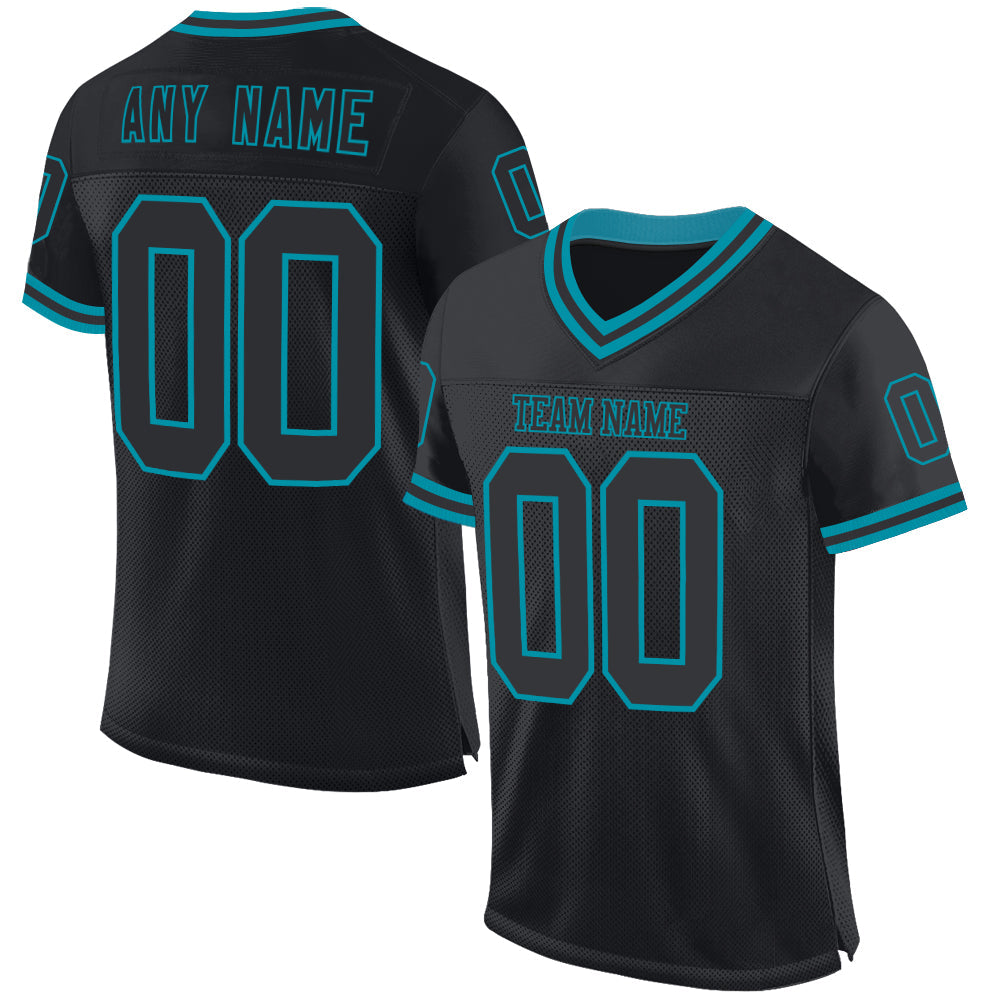 Custom Black Teal Mesh Authentic Throwback Football Jersey - Main View