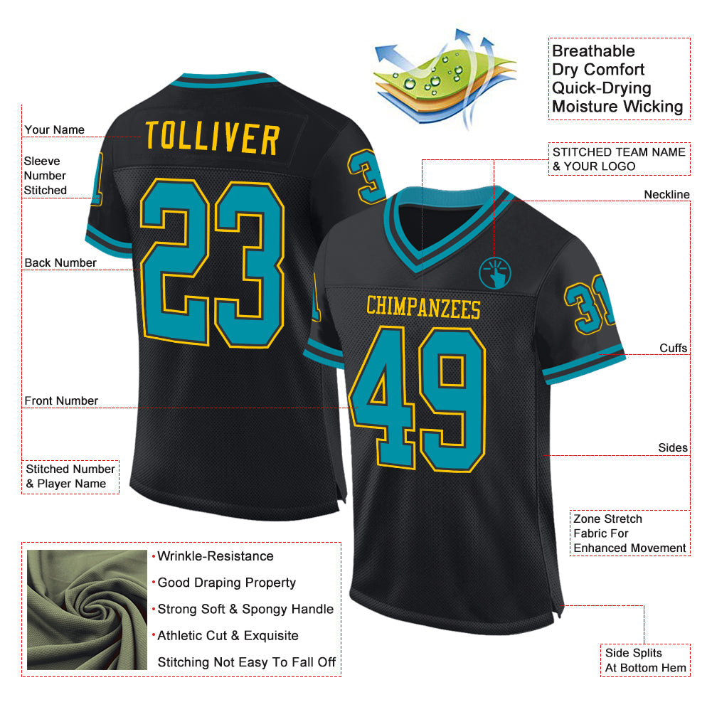 Custom Black Teal-Yellow Mesh Authentic Throwback Football Jersey view 2