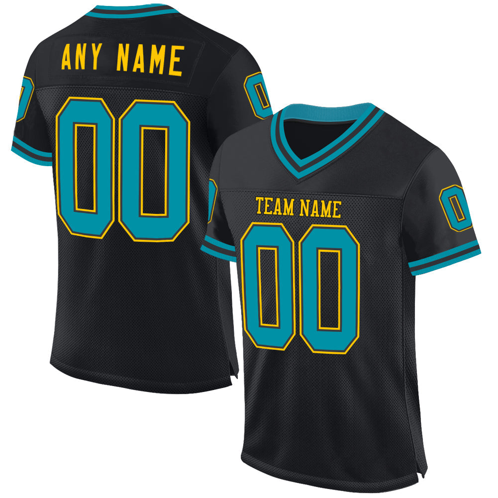 Custom Black Teal-Yellow Mesh Authentic Throwback Football Jersey - Main View