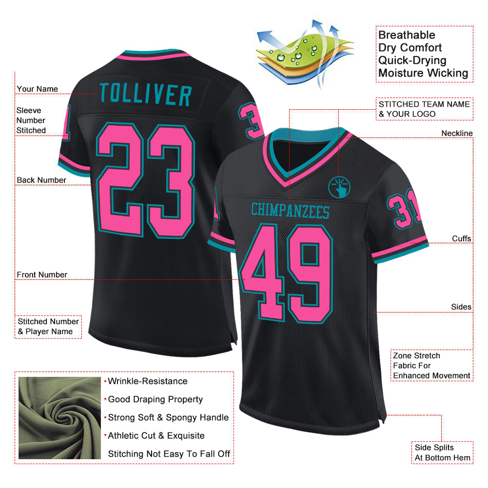 Custom Black Pink-Teal Mesh Authentic Throwback Football Jersey view 2