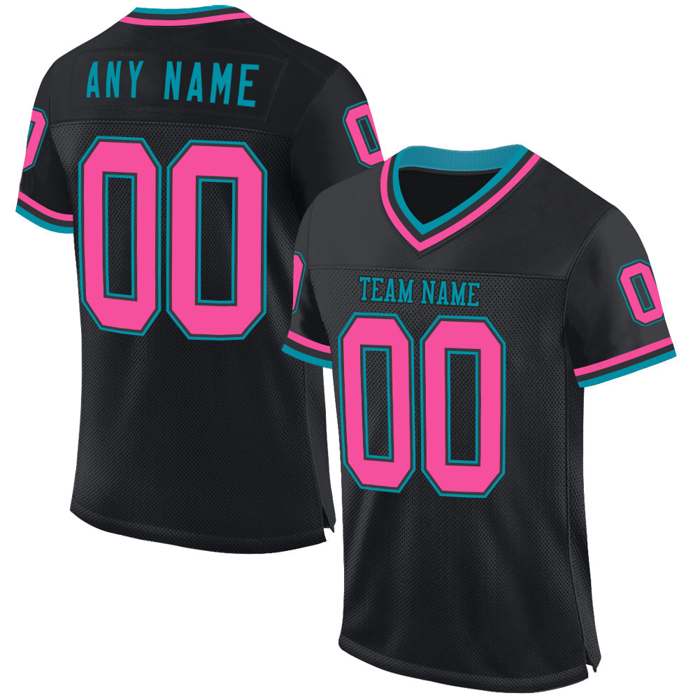 Custom Black Pink-Teal Mesh Authentic Throwback Football Jersey - Main View