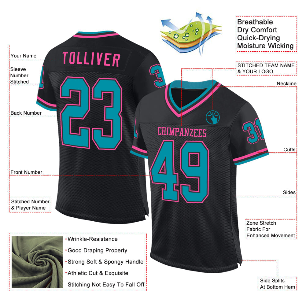 Custom Black Teal-Pink Mesh Authentic Throwback Football Jersey view 2