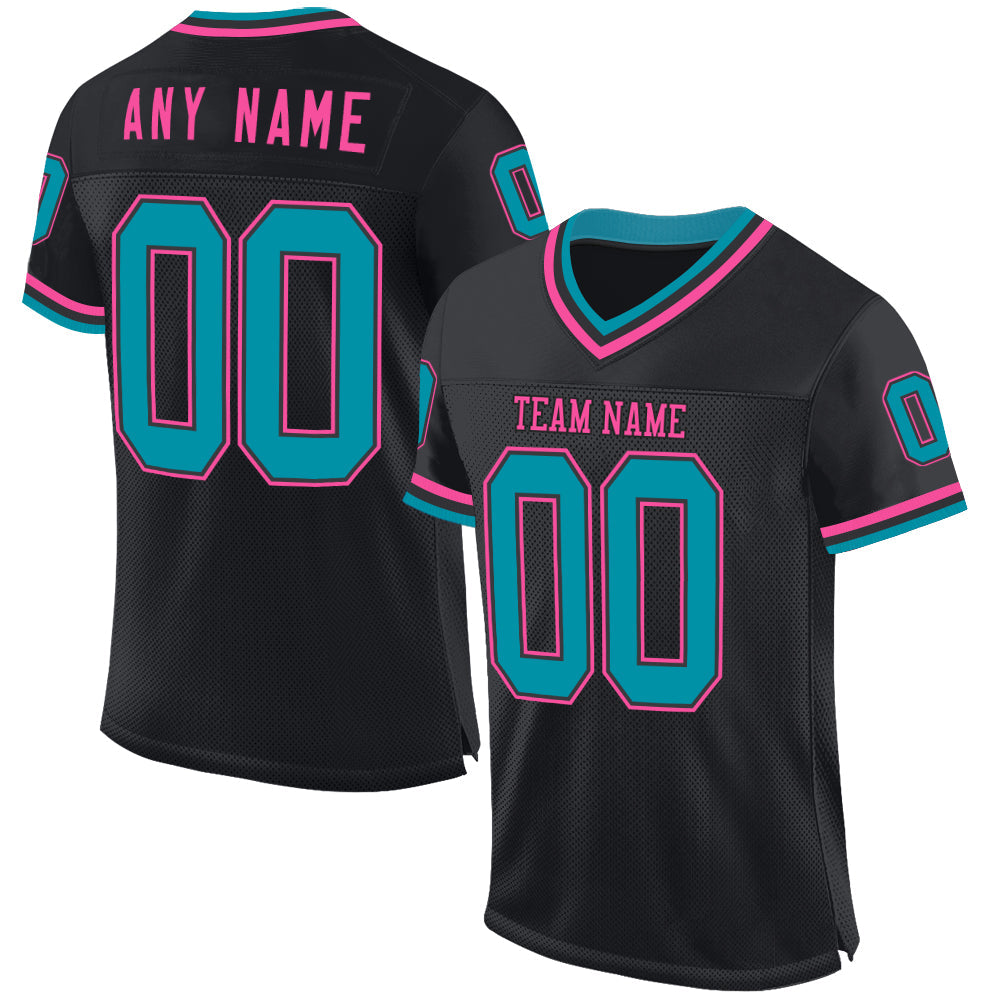 Custom Black Teal-Pink Mesh Authentic Throwback Football Jersey - Main View