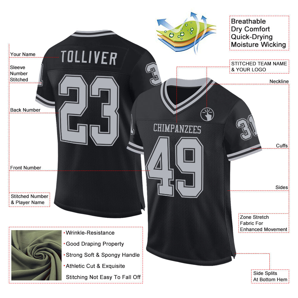 Custom Black Gray Mesh Authentic Throwback Football Jersey view 2